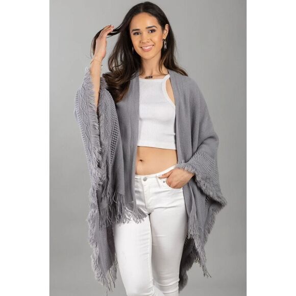 New $109 Saachi Tara Fringed Shawl Wrap Pom Pom Duster  One Size Gray - Picture 1 of 9
